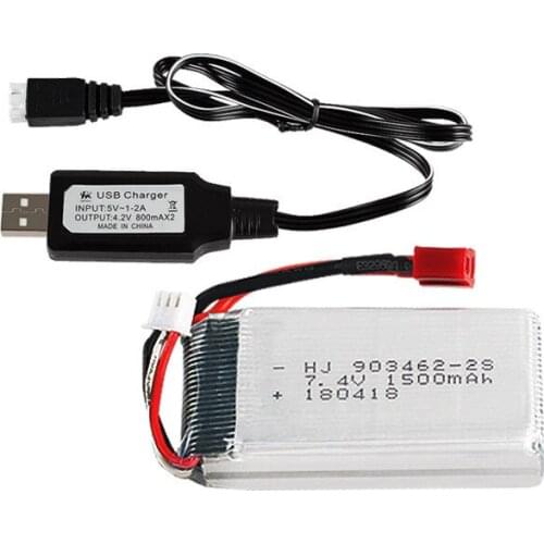 7.4V 1500mAh 903462 T Plug Battery with USB Charger Spare Part Kit for RC Helicopter Wltoys L959 L969 L979 L202 K959 Drone