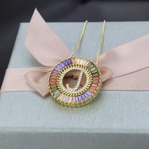 ALLNEWME Bling Rainbow Cubic Zircon Round Coin Pendant Necklace for Women 26 Letter Hollow Brass Gold Chains Necklace Jewellery