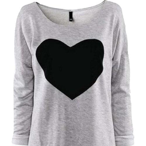 CUHAKCI Long Sleeve T-shirt Love Print Heart Tops Gray Women Female Tops Tee Autumn Clothing