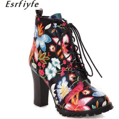 ESRFIYFE 2020 New Round Toe Ankle Boots for Women Lace Up Flower Female Boots Warm Short Plush Insole Classic Style Women Shoes