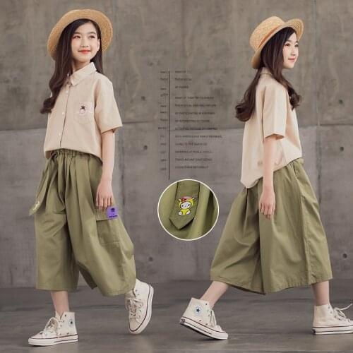 Teenage Girls Summer Sets Printed Shirt Wide Leg Pants Suit Kids Clothes Girls Custome Short Sleeve Fashion Children Clothing