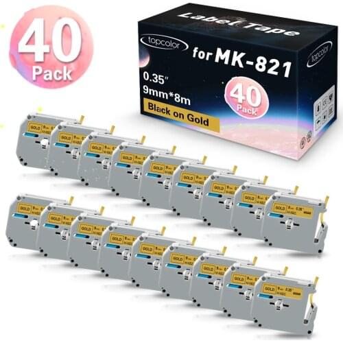 40PK Label Tape Packing with Box MK821 M-K821 MK-821 Replace Brother MK Labeling Ribbon Black on Gold for Brother P Touch Print