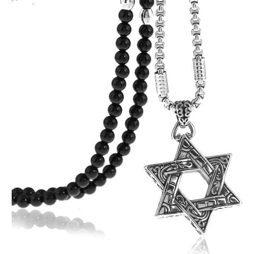 Mens Stainless Steel Star of David Pendant Necklace with Black Natural Stone Beaded Necklace 27inches