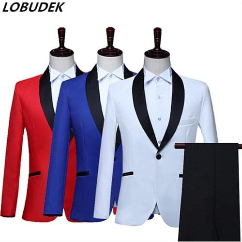 Solid Red Blue White Mens Suits Male Wedding Groom Dress Prom Evening Party Singer Host Stage Suit 2 Pieces Set Costume Outfit
