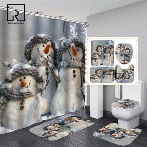 White Snowman Printed Shower Curtain Set Christmas Decor Home Festival Non-slip Toilet Seat Lid Cover Bath Mat with Hooks Home