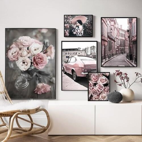 Pink Rose Flower Car Street Girl Building Wall Art Canvas Painting Nordic Posters And Prints Wall Pictures For Home Decor
