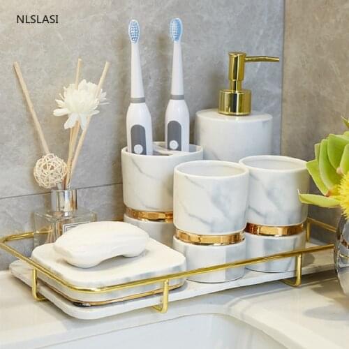 Nordic Phnom Penh Marble Texture Ceramic Bathroom Accessories Set Liquid Soap Dispenser Gargle Cup Toothbrush Holder Soap Dish