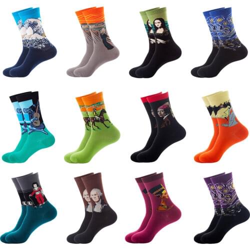 Men Women Combed Cotton Oil Painting Abstract Art Socks Ukiyoe Star Moon Night Retro Long Socks Casual Hip Hop Street Cool Socks