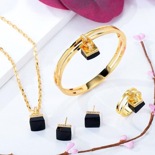 SORAMOORE New Be Original New 4PCS Shiny Square Pendant Necklace Bangle Earrings Ring Jewelry Set Women Brides Wedding Jewellery