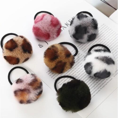 Leopard Artificial Rabbit Fur Ball Elastic Hair Rope Rings Ties Bands Ponytail Holders Girls Hairband Headband Hair Accessories