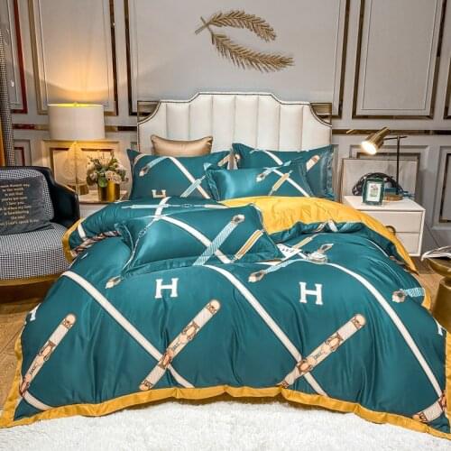 Blue+yellow four-piece set AB version design ice silk washing/supple silky spring and summer four-piece quilt cover
