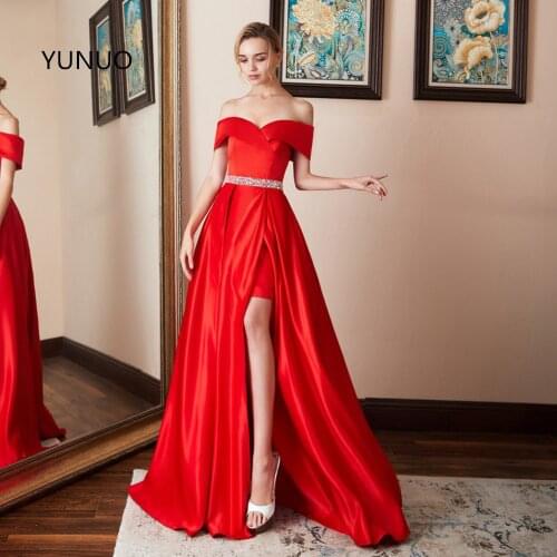 Sexy Off Shoulder Satin Long Red Prom Dresses 2021 Formal Party Dress For Graduation Customer Made