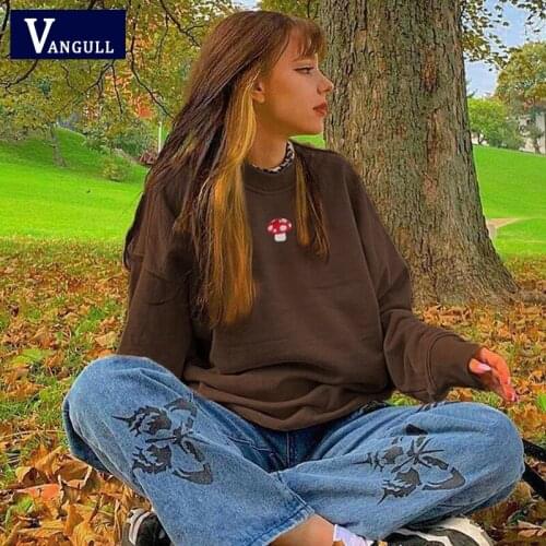 Vangull Solid Mushroom Embroidery Oversized Sweatshirts Women Vintage Brown Crewneck Long Sleeve Loose Tops Fashion Streetwear