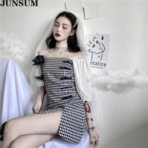 Vintage Sexy Cheongsam Dress Women Sundress 2020 Summer New Off Shoulder Puff Sleeve Mini Dress Retro Korean Plaid Dresses Robe