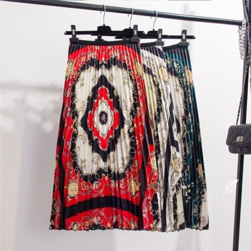 Womens Skirt 2019 National Wind Totem Print High Waist Pleated Skirt Bohemian Floral Long Paragraph Skirt Women