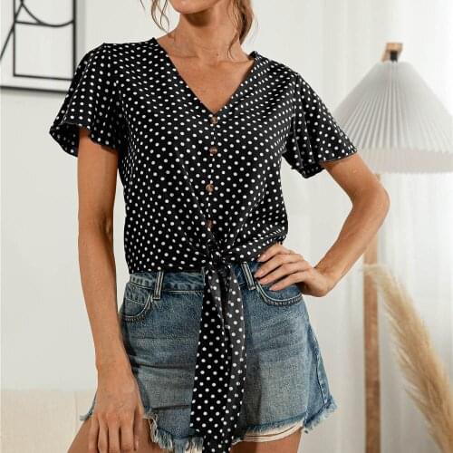 Women V Neck Sexy Short Tops Tee Polka Dot Button Chiffon 2021 Summer Ruffles Short Sleeve Beach Chiffon T-shirt Blouses Top