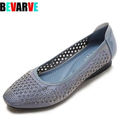 BEVARVE 2021 New Woman Flats Ballet Shoes Fashion Net Gauze Women Shoes Slip On Rhinestones Cuts Flat Sweet Hollow Summer Women