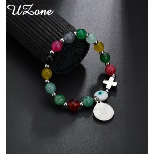 UZone Stainless Steel Jesus Cross Bracelets For Women Blue Eye Colorful Beads Chain Bracelet For Women Gift