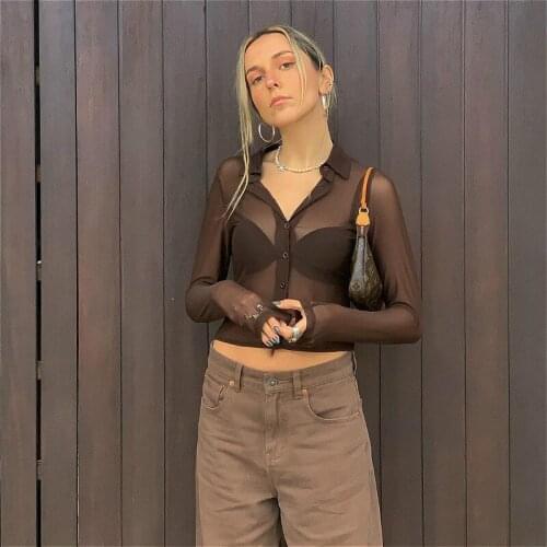 Women Mesh Sheer Sexy Shirt 2021 Summer Autumn Long Sleeve Lapel Button Shirts See Through Sexy Club Crop Tops Blouses Female