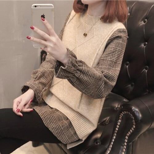 Women Sweaters 2021 New Casual Fake Two Piece Sweaters Plaid Shirt Patchwork Long Sleeve Loose Fashion Pullover Sweaters Female