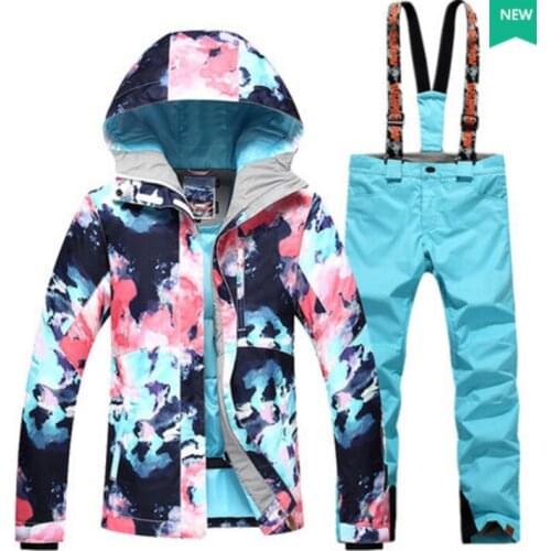 Women Blue Skiing Suit Female Black Skateboarding Riding Clothes Jacket And Bib Pants Suspender Trousers Overalls
