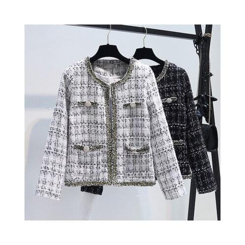 2021 New High Quality Temperament Plaid Tweed Jacket for Women Tassel Trim Single-breasted Cropped All-matching Coat Outwear