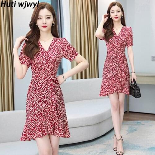 Plus Size Summer Floral Chiffon Short Dress 2021 Vintage Korean Sweet Women Party Sexy Mini Vestidos Casual Boho Beach Sundress