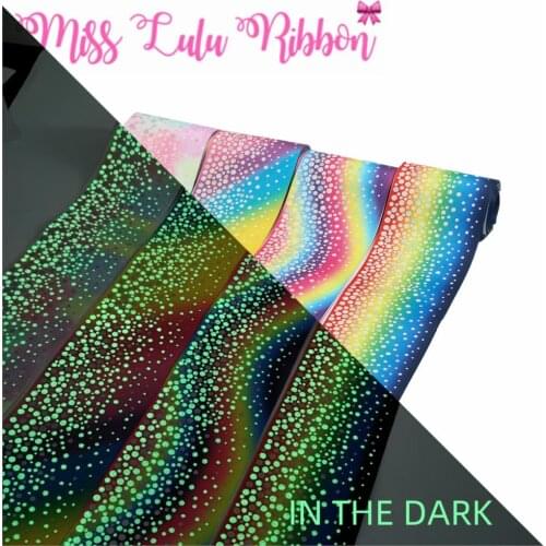 3"75mm Hologram Silver Full White Ink Printing Glow in the Dark Gradient Color Rainbow Printed Grosgrain Ribbon DIY 50yards/roll