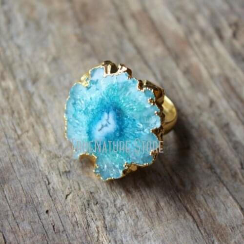 5Pcs RM18788 Copper Jewelry Plated Gold Adjustable Rings Copper Jewelry Gold Edged Turquoise Blue Stone Statement Ring