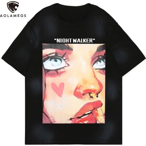 Aolamegs Girl Painting Printed Oversized T-shirt Men Cotton Casual Tee Tops Couple Retro High Street Harajuku Streetwear Summer