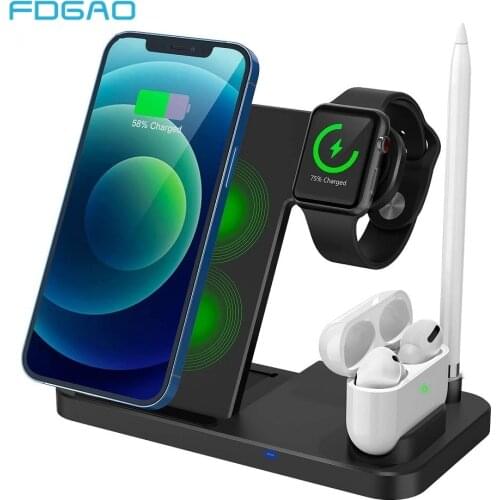 FDGAO 4 in 1 Qi Wireless Charger 15W Fast Charging Dock Station For iPhone 12 11 Pro XS XR X 8 Apple Watch 6 5 4 3 2 AirPods Pro