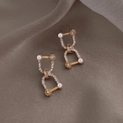 Needle Geometric U-shaped Rhinestone Pearl Earrings Net Red Wind Simple and Stylish Earrings Earrings for Women