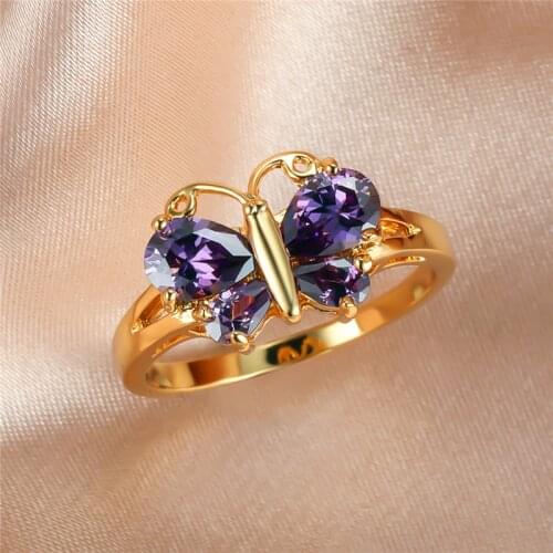 Cute Female Crystal Small Butterfly Ring Charm Gold Color Thin Wedding Rings For Women Purple Zircon Stone Engagement Ring