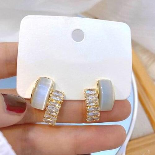 Korean Double Layer Opal Stone Zircon Hoop Earrings For Women Fashion Jewelry Elegant Geometric Round pendientes