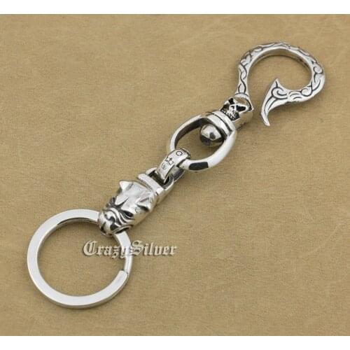 Bulldog Dog Cross 925 Sterling Silver Mens Biker Punk Hook KeyChain 8B008KC