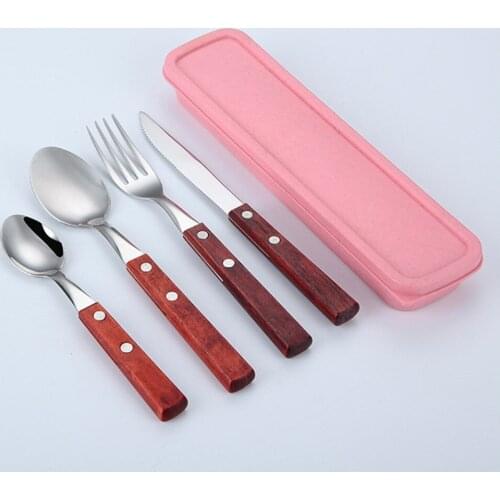 4pcs/set Stainless Steel Dinnerware Set Teak Wood Handle Cutlery Steak Spoon Fork Knife Western Cutleri Tableware Set Supplies