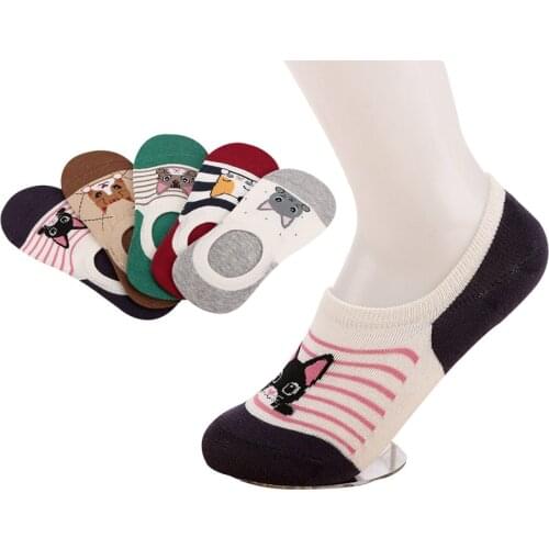 5 Pairs Women Invisible Boat Socks Creative Striped Digital Lovely Cartoon Cat Funny Happy Socks Summer Low Cut Girl Female Sock