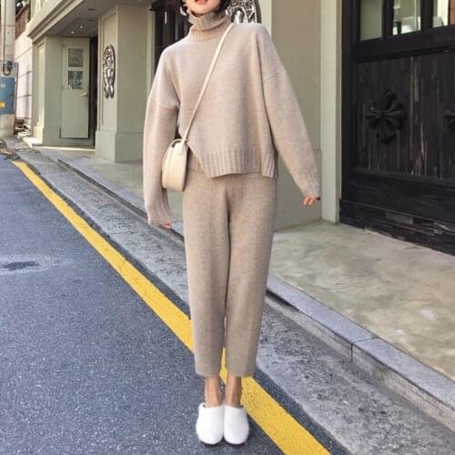 Autumn Winter Knitted Tracksuit Turtleneck Sweatshirts Women Suit Clothing 2 Piece Set Knit Pant Female Pants Suit