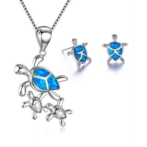 Tortoise Shape Silver Plated 3 Colors Opalite Opal Pendant Necklace Stud Earrings Animal Jewelry Sets