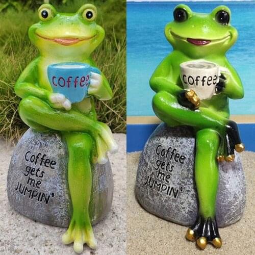 Frog Garden Statue Outdoor Animal Design Statuary Green Sitting Frog Drinking Coffee Stone Garden Statue For Home