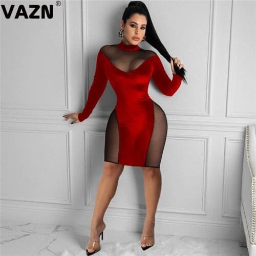 VAZN New 2020 Sexy Club Birthday Dress Transparent Lace Joining Together Dresses Full Sleeve Sheath Dresses O-neck Mini Dress