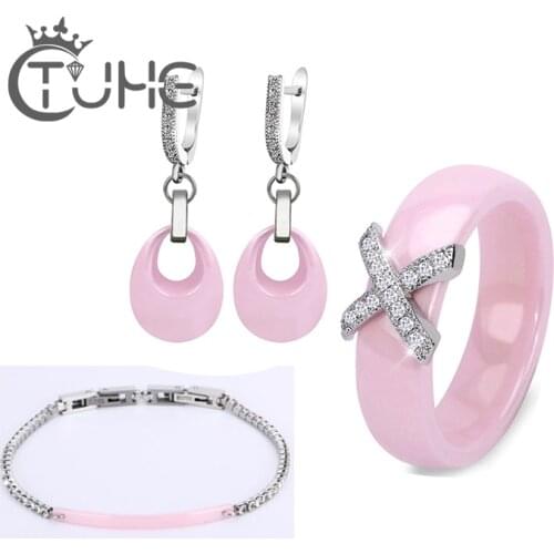 Fashion Pink White Black Water Drop Earrings Crystal Bracelet X Cross Rings For Women Stainless Steel Ceramic Jewelry Sets Gifts