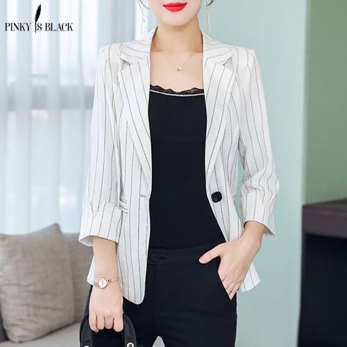 PinkyIsBlack Casual Blazers Spring Striped Slim Fit Women Formal Jackets Office Work Single Button Notched Ladies Blazer Coat