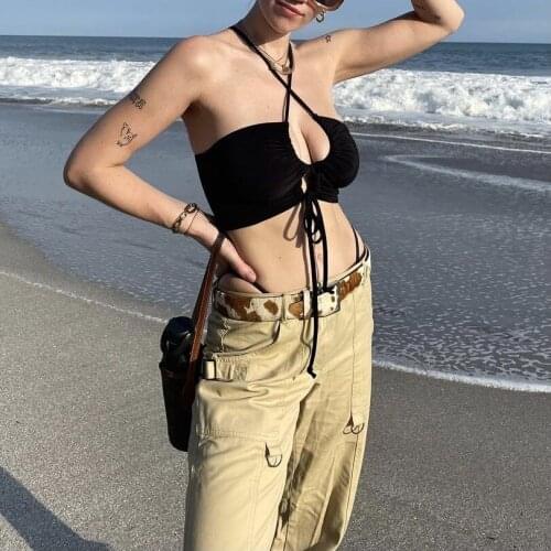 Women Cutout Crop Cami Tops, Sexy Sleeveless Solid Color Cross Halter Neck Camisole