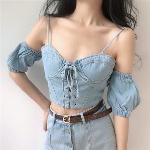 Vintage Strap Off-shoulder Denim Sexy Blouse Slim Bubble Sleeve Crop Top Women Blusas Mujer De Moda 2021 Verano