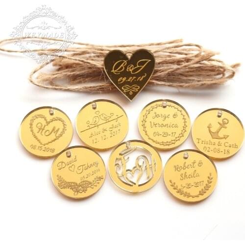 50 * Personalized Engraved Anniversary Gold Coins Wine Charm Custom Bride Baptism Vintage Wedding Engagement Heart Favor Tags
