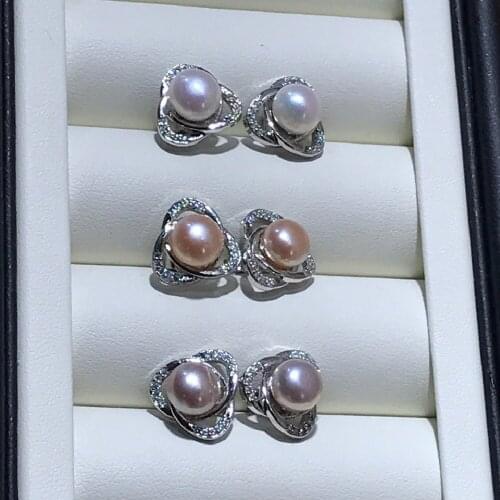 Supply 7-8mm Natural Freshwater Pearl Earrings 925 Silver Inlaid Zircon Multicolor Genuine Pearls