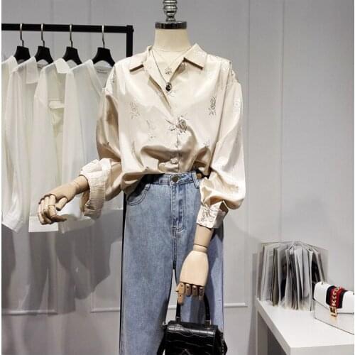 Womens Spring Autumn Runway Fashion Flower Print Champagne Shirt Female Casual Loose Office Lady Basic Blouse Tees Tops TB1678