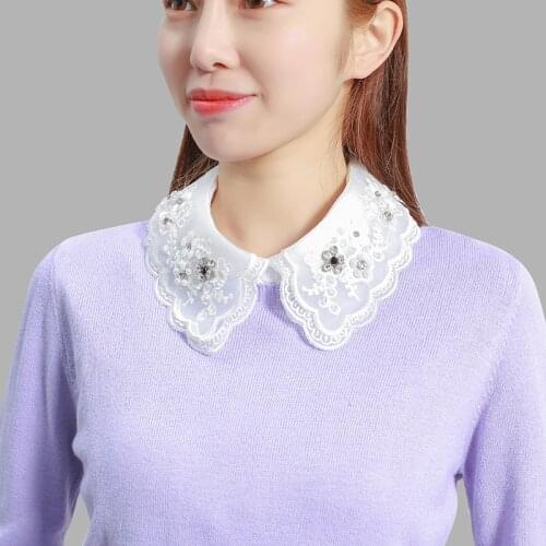 Chiffon Embroidery Floral Lace Fake Collars for Women White Shirt False Collar Half Blouse Lapel Detachable Collars Faux Col Tie