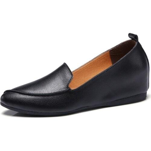 2019 Fashion New Genuine Leather Flats Slip on Loafers Shoes for Women 3.5 Cm Hidden Wedge Mocasines Mujer White Shoes Woman